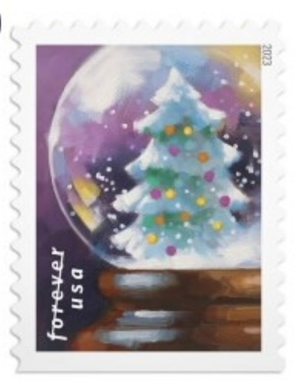 100-Books (Sealed) USPS Snow Globes Forever Postage Stamps (A snowman, Santa Claus poised on a chimney, a majestic deer and a Christmas tree)