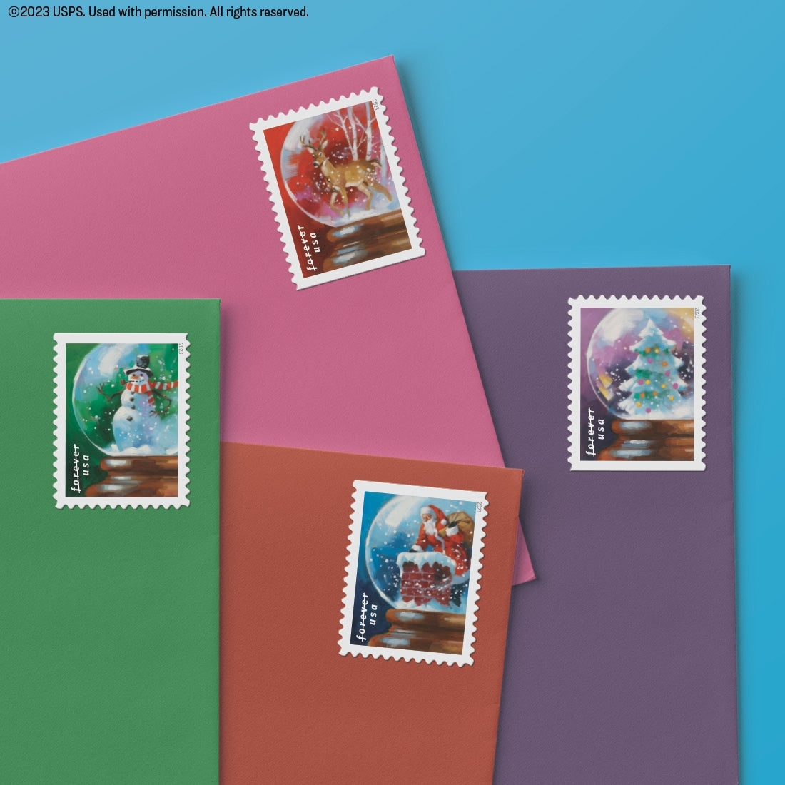 100-Books (Sealed) USPS Snow Globes Forever Postage Stamps (A snowman, Santa Claus poised on a chimney, a majestic deer and a Christmas tree)