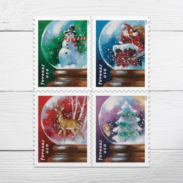 100-Books (Sealed) USPS Snow Globes Forever Postage Stamps (A snowman, Santa Claus poised on a chimney, a majestic deer and a Christmas tree)