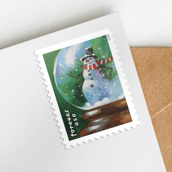 100-Books (Sealed) USPS Snow Globes Forever Postage Stamps (A snowman, Santa Claus poised on a chimney, a majestic deer and a Christmas tree)