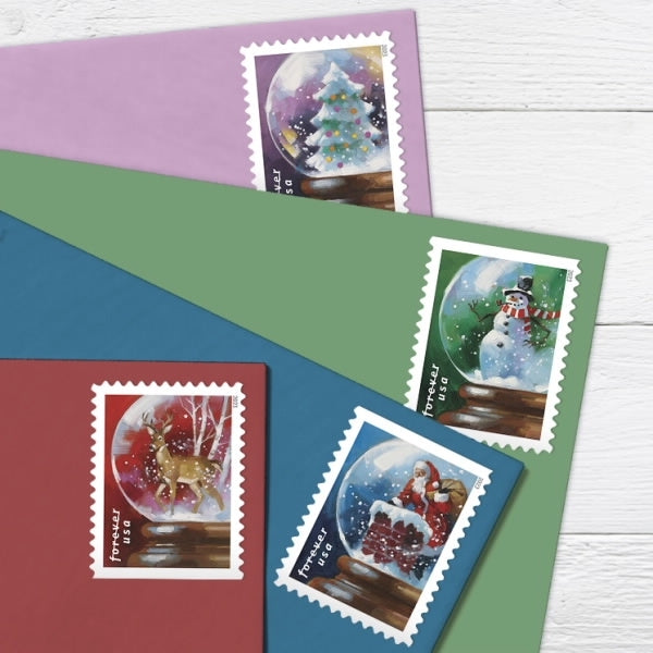 100-Books (Sealed) USPS Snow Globes Forever Postage Stamps (A snowman, Santa Claus poised on a chimney, a majestic deer and a Christmas tree)