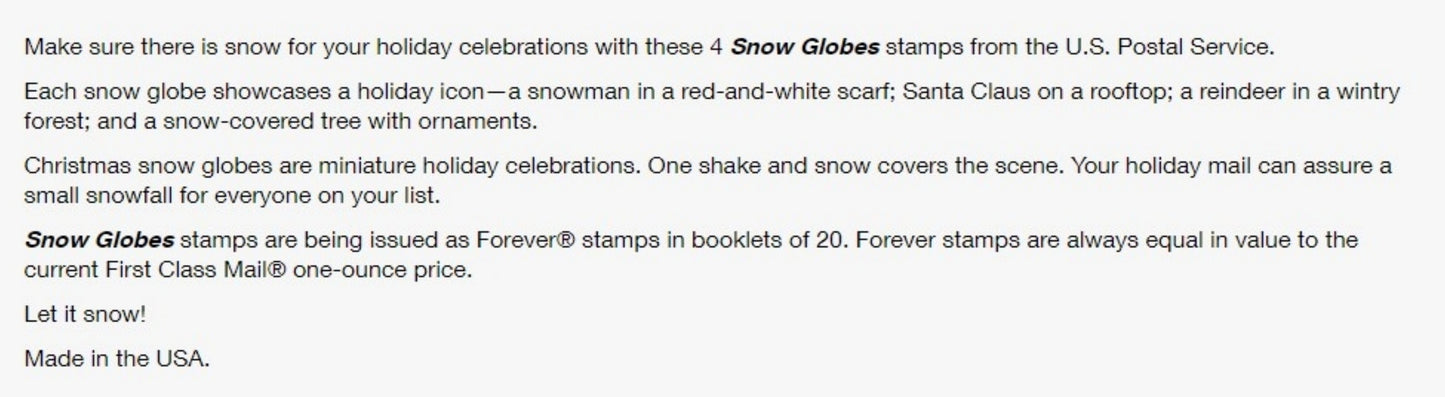 100-Books (Sealed) USPS Snow Globes Forever Postage Stamps (A snowman, Santa Claus poised on a chimney, a majestic deer and a Christmas tree)
