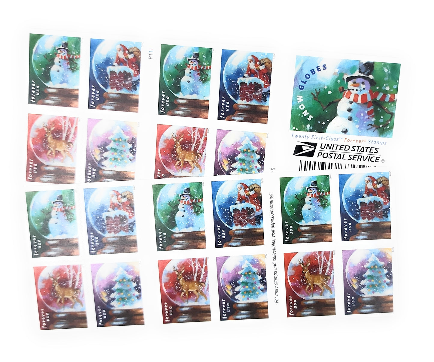 100-Books (Sealed) USPS Snow Globes Forever Postage Stamps (A snowman, Santa Claus poised on a chimney, a majestic deer and a Christmas tree)