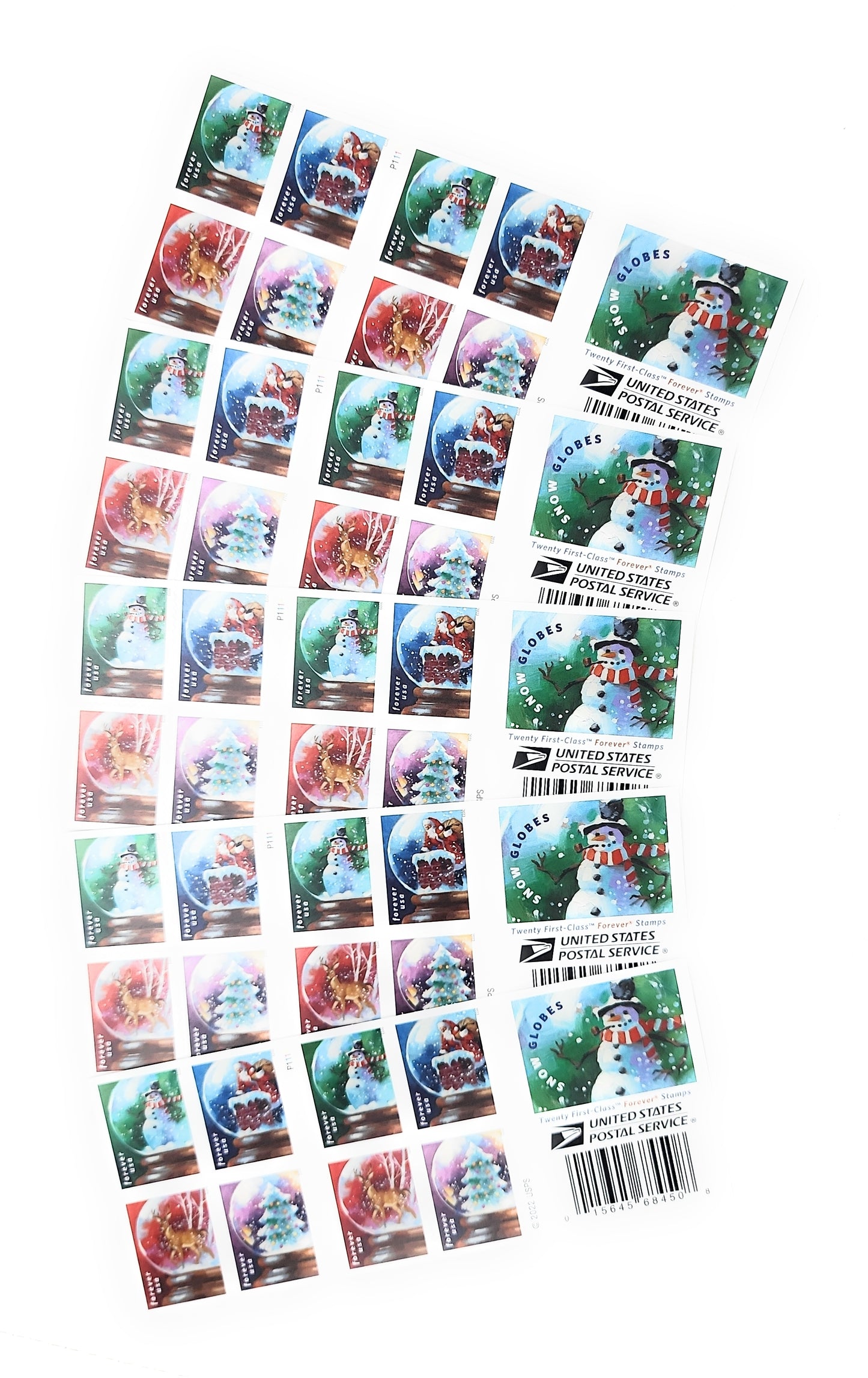 100-Books (Sealed) USPS Snow Globes Forever Postage Stamps (A snowman, Santa Claus poised on a chimney, a majestic deer and a Christmas tree)