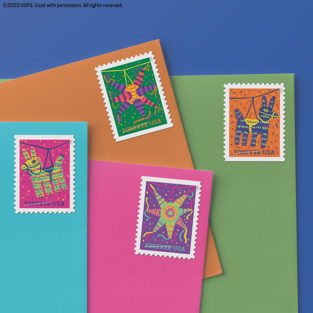 USPS Pinatas Forever Postage Stamps Celebrate Hispanic Heritage Latino Festive Celebration Party 2023 Scott #5812-5815