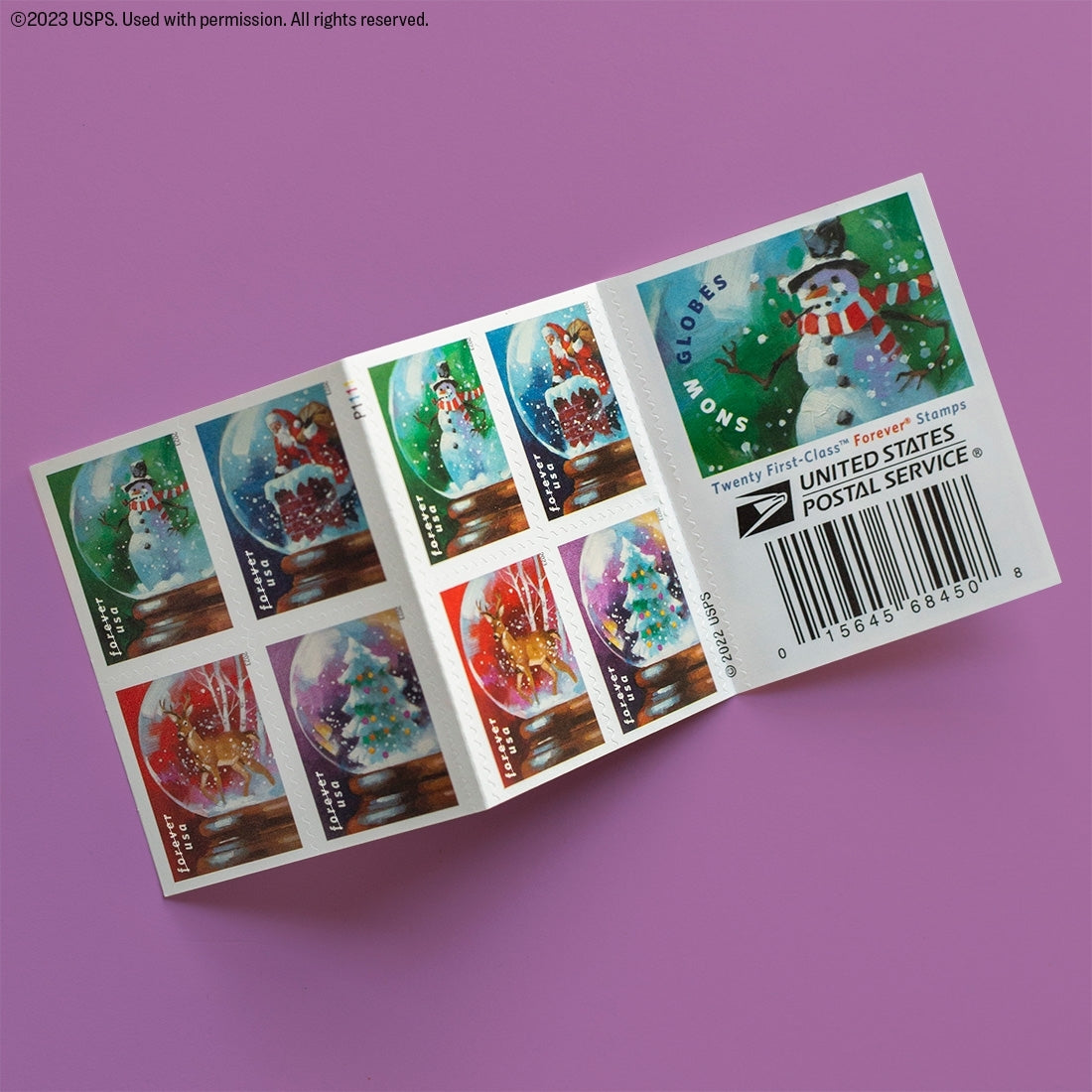 USPS Snow Globes Forever Postage Stamps (A snowman, Santa Claus poised on a chimney, a majestic deer and a Christmas tree) 2023 Scott #5816-5819