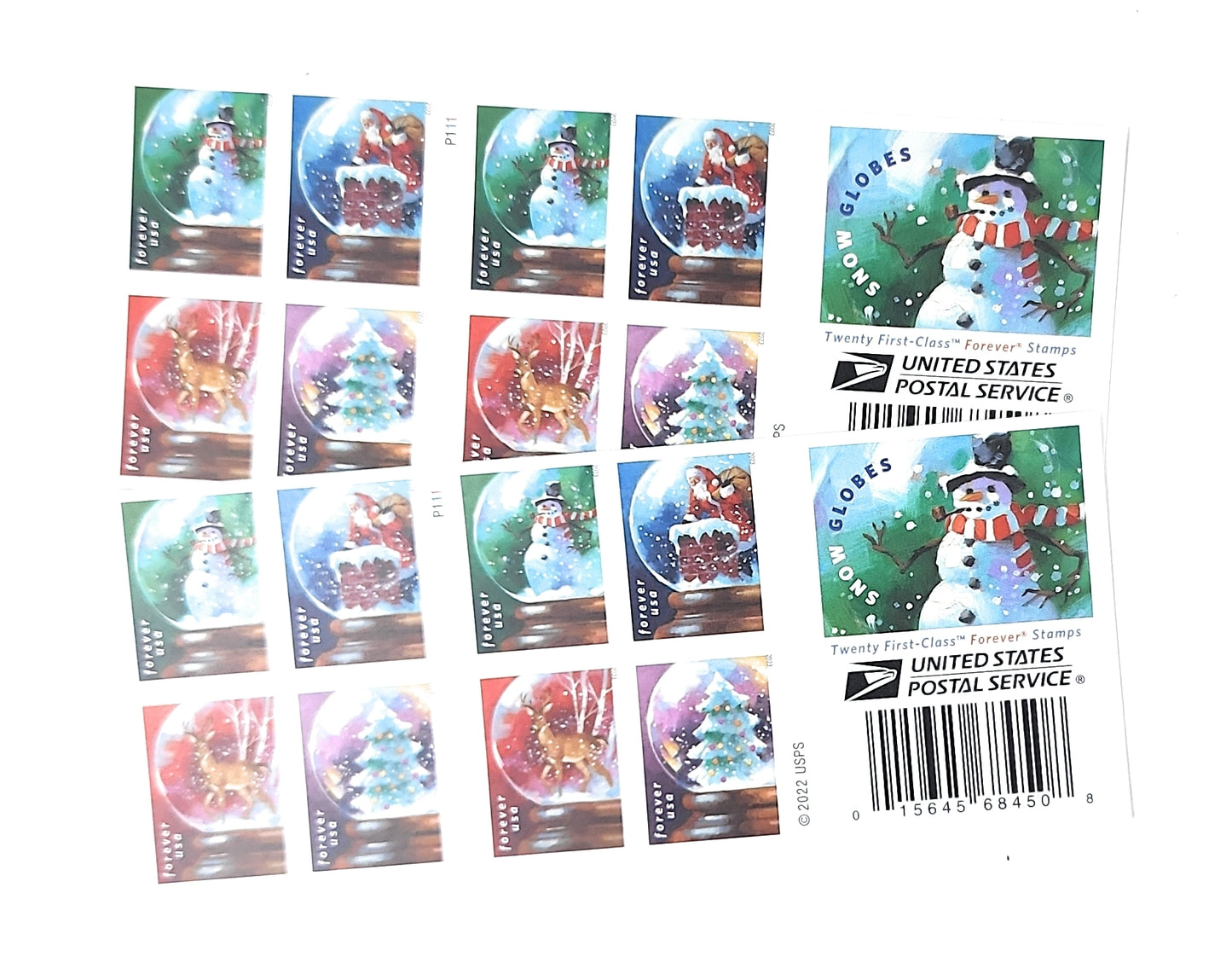 USPS Snow Globes Forever Postage Stamps (A snowman, Santa Claus poised on a chimney, a majestic deer and a Christmas tree) 2023 Scott #5816-5819