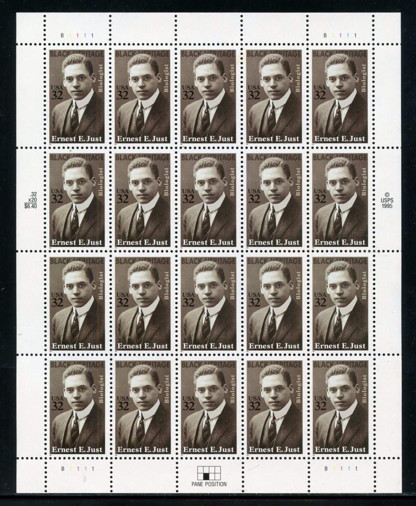 Ernest E. Just 1996 32-Cent (Sheet of 20) US Postage Stamps Scott #3058